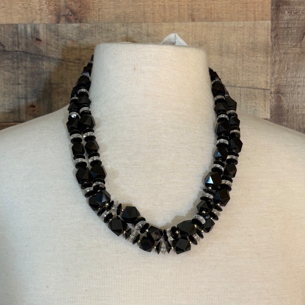 Vintage Double Strand Black Faceted Geometric Bead Necklace Clear Spacers